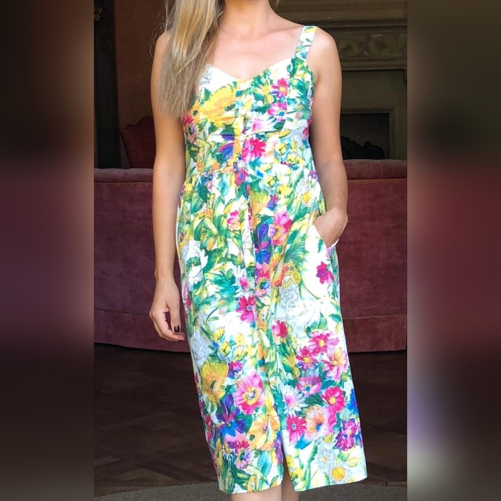 Strapless Floral Sundress in White with Multicolor Print